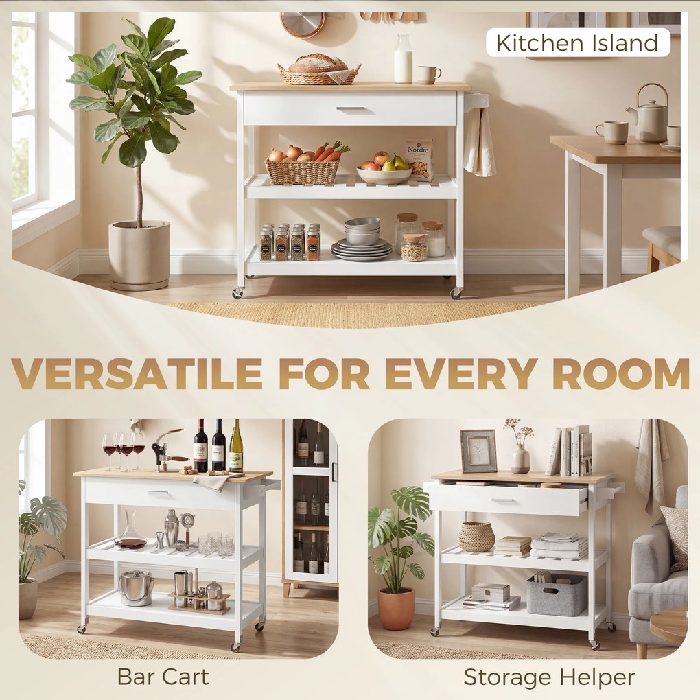 HOMCOM Cărucior de bucătărie cu depozitare, insulă mobilă de bucătărie cu blat mare, sertar, 2 rafturi deschise, suport pentru prosoape, Alb | Aosom Romania