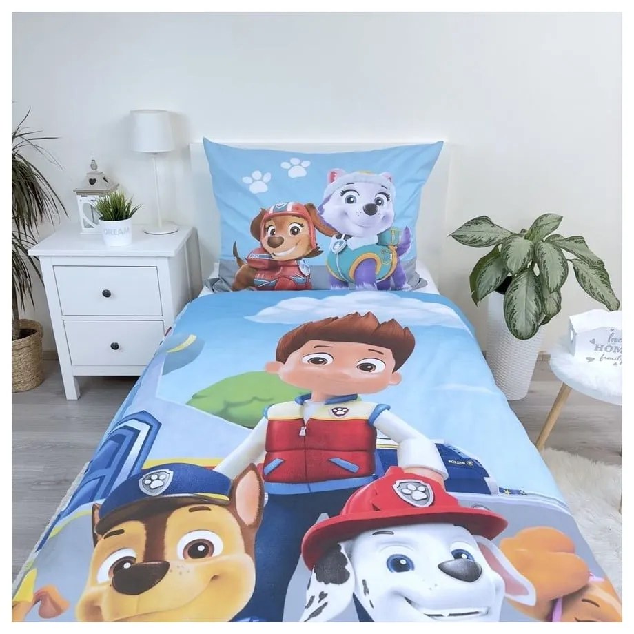 Lenjerie de pat pentru copii albastră din bumbac pentru pat de o persoană 140x200 cm Paw Patrol – Jerry Fabrics