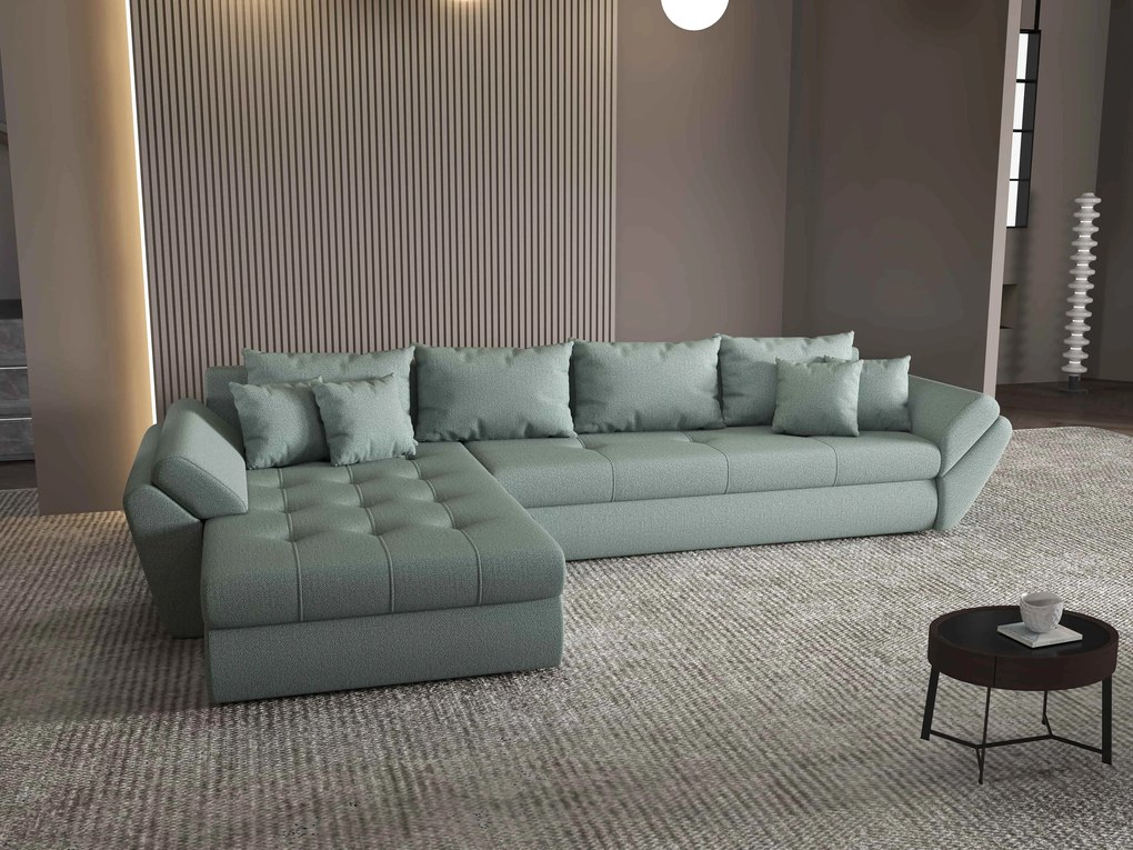 Colțar extensibil dumonde cu ladă de depozitare si sezut confortabil din spuma high-density, Loana XL Enjoy Mint 335x185 cm