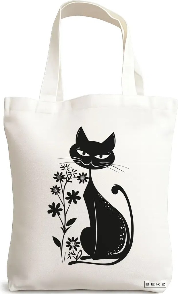 Sacosa de Panza pentru Cumparaturi, Geanta Tote, model Cat and Flowers 9, 38 x 34.5 cm, Alba, BEKZ®
