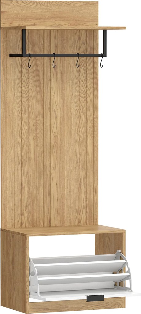 HOMCOM Cuier de Hol cu Pantofar Rabatabil, Cuier cu Bancă, 4 Cârlige și Rafturi pentru Pantofi, Organizator Modern pentru Hol și Coridor, Stejar și Alb | Aosom Romania