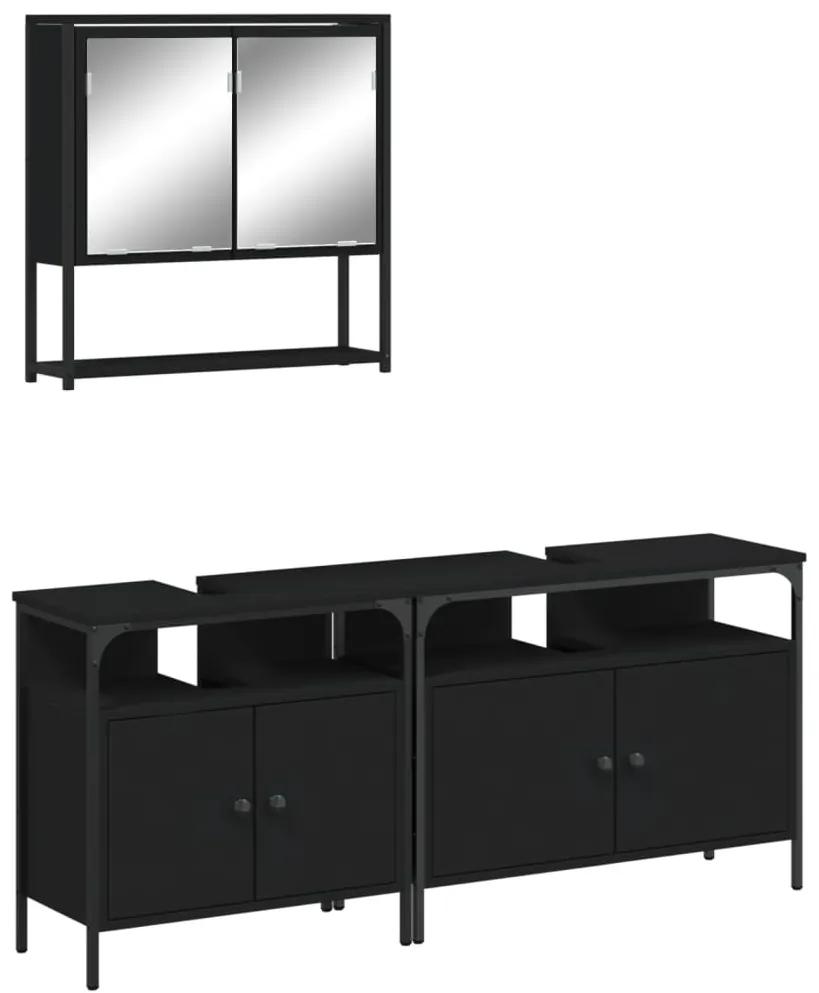 3214665 vidaXL Set mobilier de baie, 3 piese, negru, lemn compozit