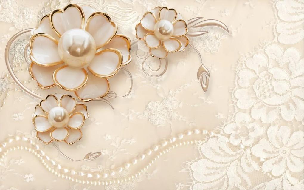 Tapet Premium Canvas - Flori bronz cu perle