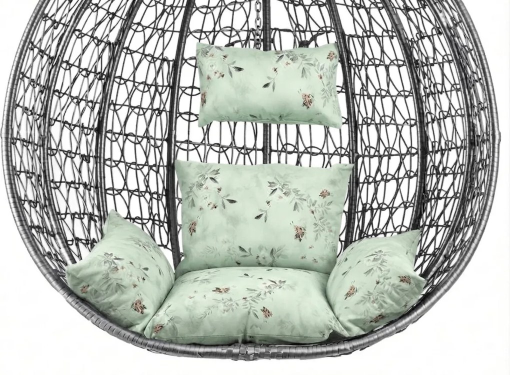 Fotoliu suspendat KOKON gri fara suport, perna verde deschis cu model