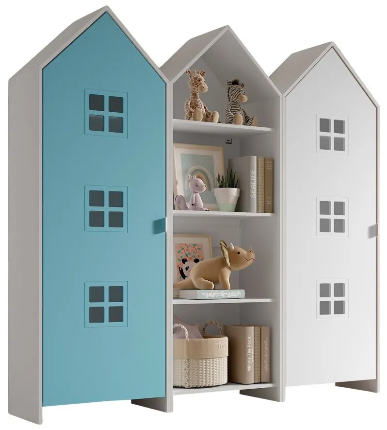 Set 3 dulapuri pentru copii Casami tip colibă de plajă – 1 deschis, 1 cu ușă Albastru și 1 cu ușă albă – Vipack