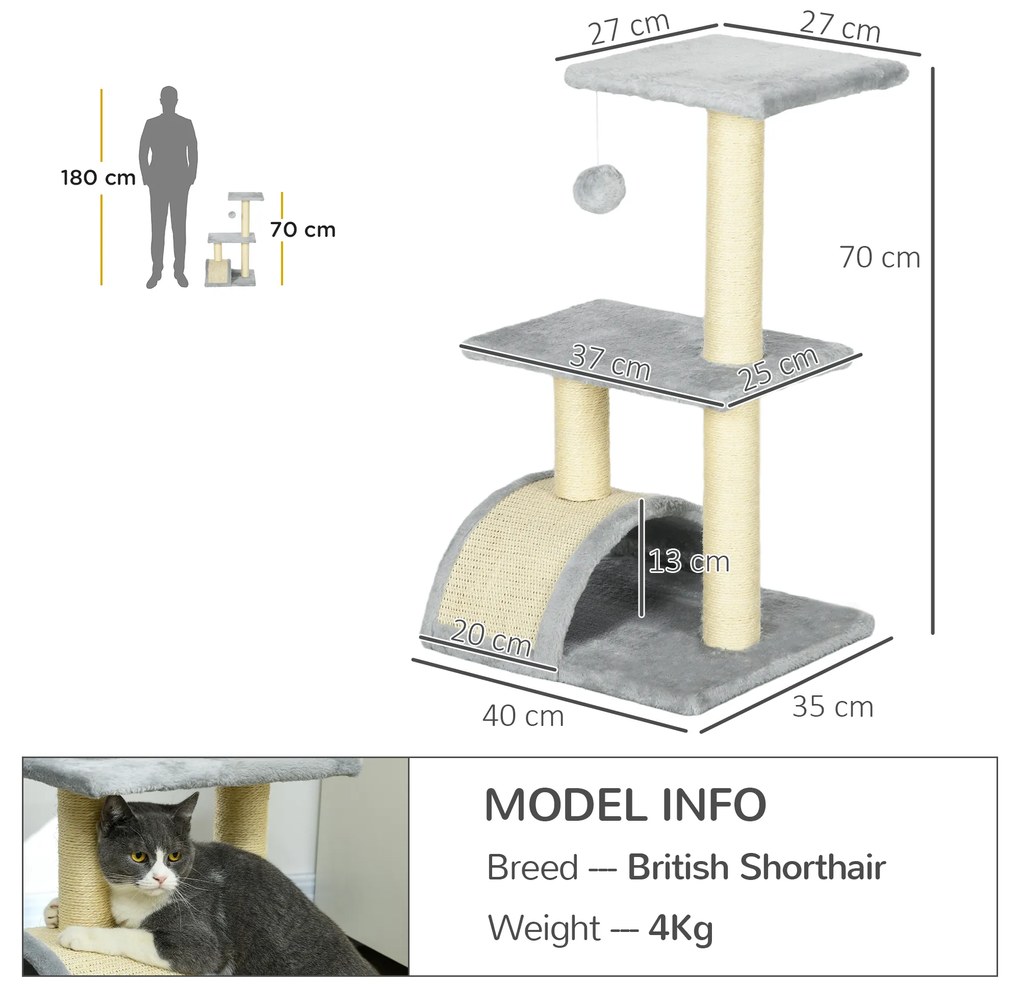 PawHut Copac pentru Pisici cu 3 Nivele cu Covor pentru Zgâriat în Formă de Arc, Copac de Zgâriat, 40x35x72 cm, Gri | Aosom Romania