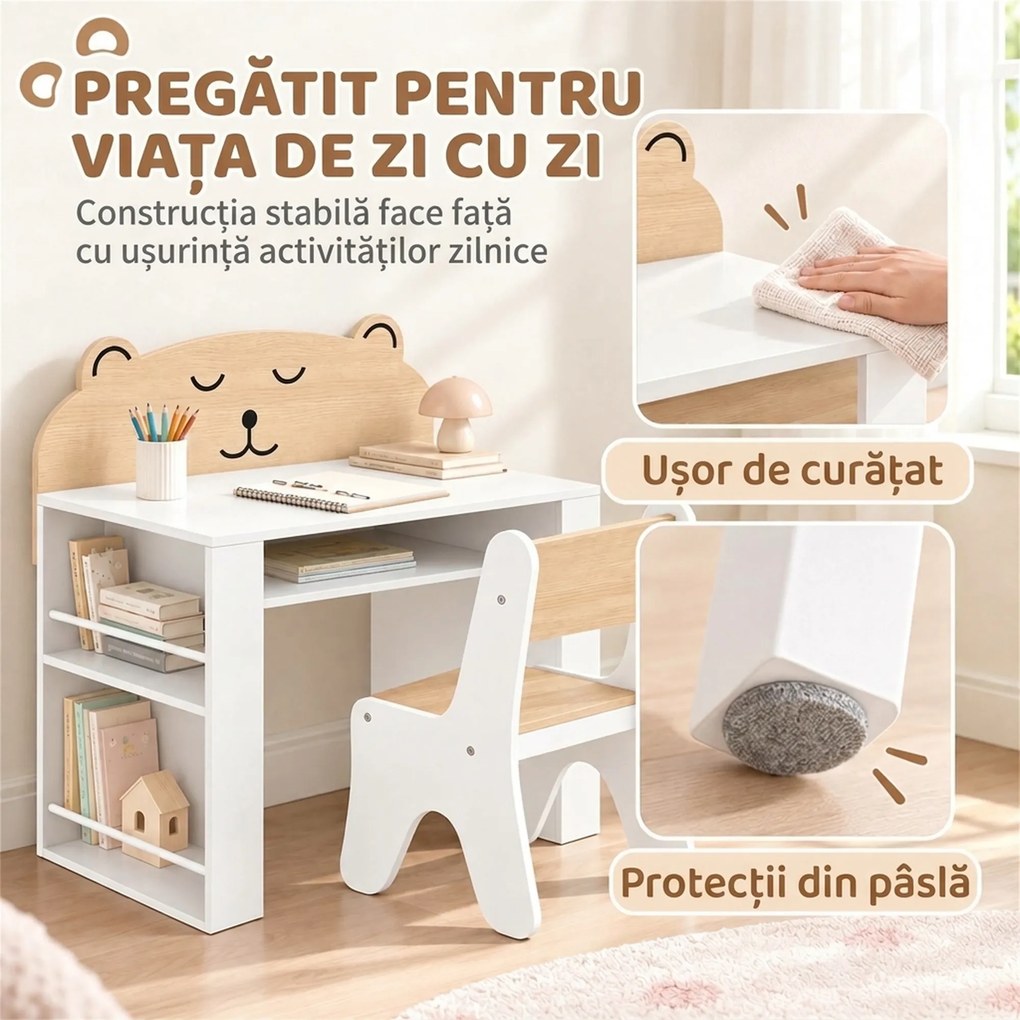 AIYAPLAY Set masă copii cu scaun, rafturi laterale, compartiment depozitare, 3-8 ani, model ursuleț, alb | Aosom Romania