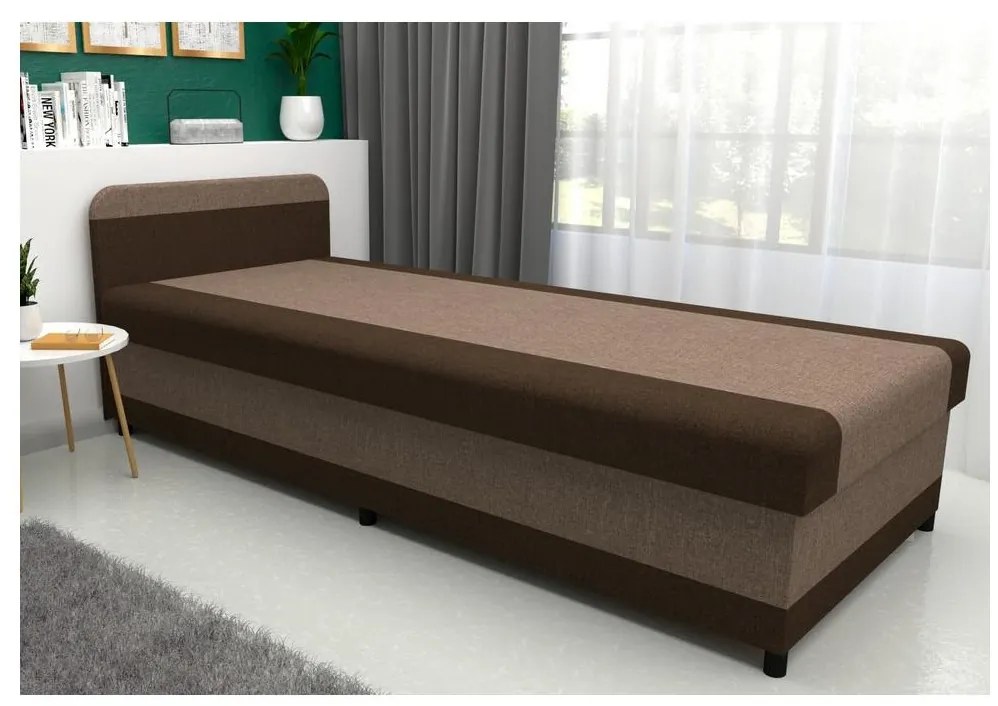 Pat tapițat TALI 80x202, maro/bej, cu spațiu de depozitare