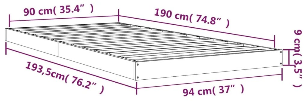 Cadru de pat Single 3FT, gri, 90x190 cm, lemn masiv de pin Gri, 90 x 190 cm