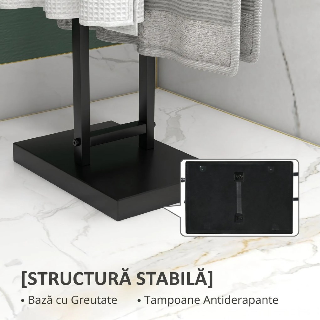 HOMCOM Suport de Prosoape de Podea cu 2 brațe, Suport de Prosoape din Metal pentru Baie, 50x18,5x85 cm, Negru | Aosom Romania