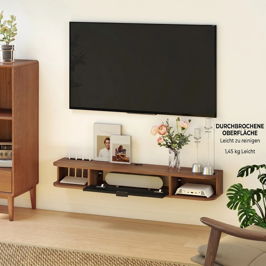 HOMCOM Mobilier TV Suspendat, Suport TV Până la 50" cu Sertar Rabatabil, 2 Rafturi Deschise și Orificiu pentru Cabluri, Mobilier pentru Televizor pentru Sufragerie, Dormitor și Sală de Stat, 120x24x16 cm, Nuc | Aosom Romania
