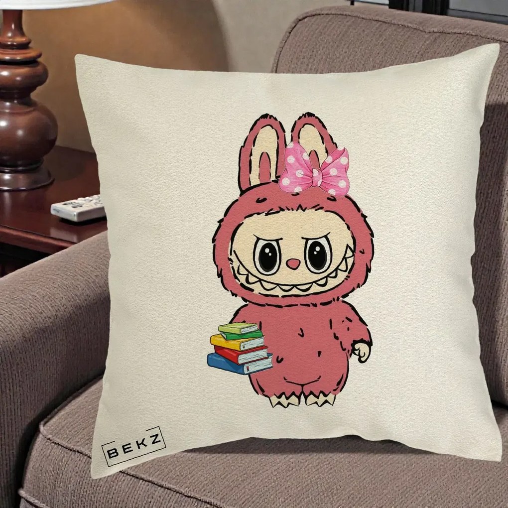 Perna Personalizata Labubu Roz cu Funda si Carti, 40x40 cm, Ecru, Husa Detasabila, Perna Inclusa, BEKZ®