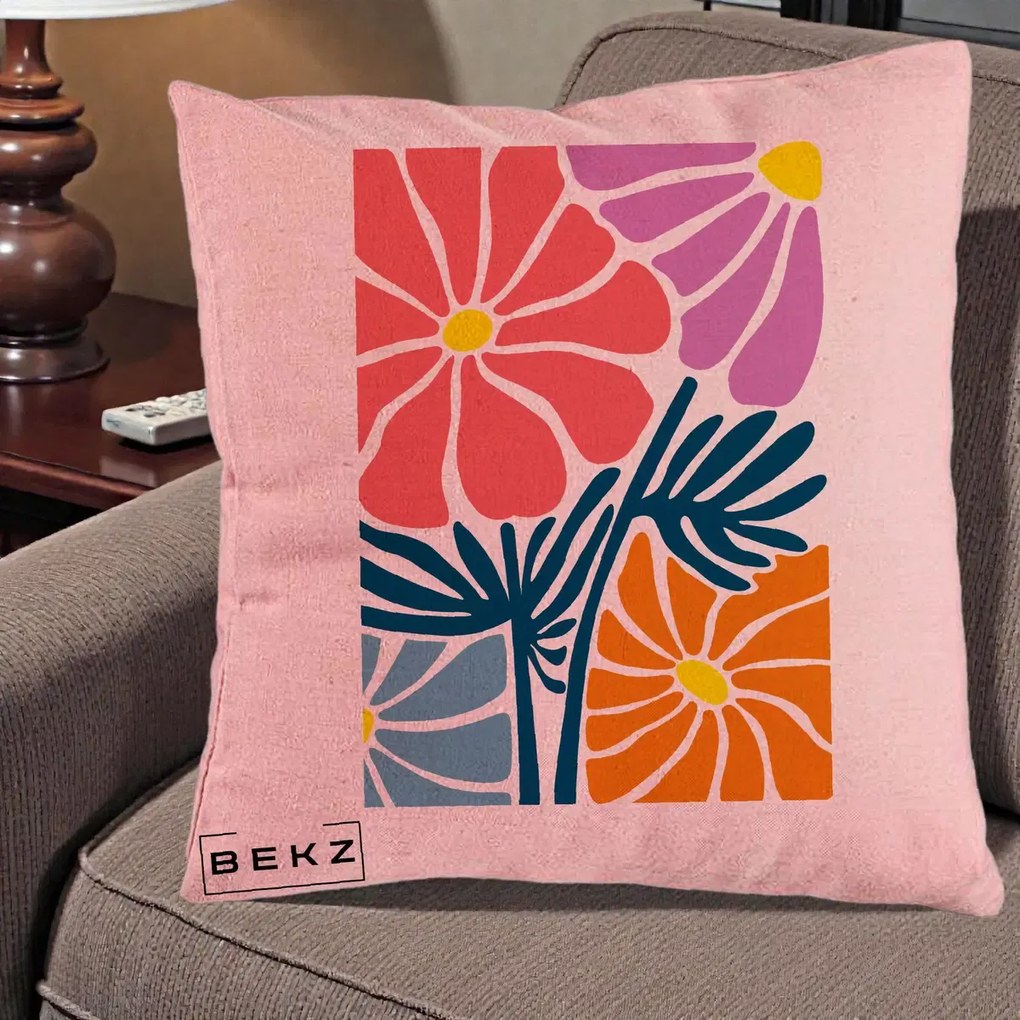 Perna Decorativa Flori Grafice Roz-Orange-Albastru, 40x40 cm, Roz, Husa Detasabila, Perna Inclusa, BEKZ®