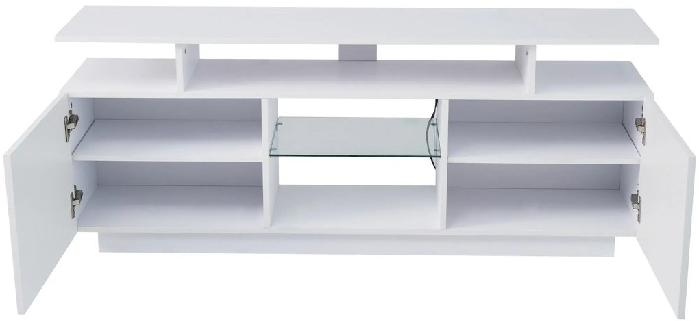 Modernă comodă TV cu iluminare LED în 16 culori, panou frontal lucios, raft de sticlă, 140×35×61 cm, Alb