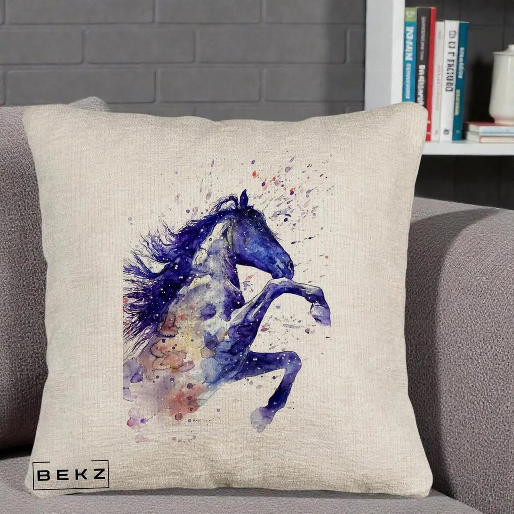 Perna Decorativa Cal Albastru Acuarela, 40x40 cm, Bej Canapea, Husa Detasabila, Perna Inclusa, BEKZ®