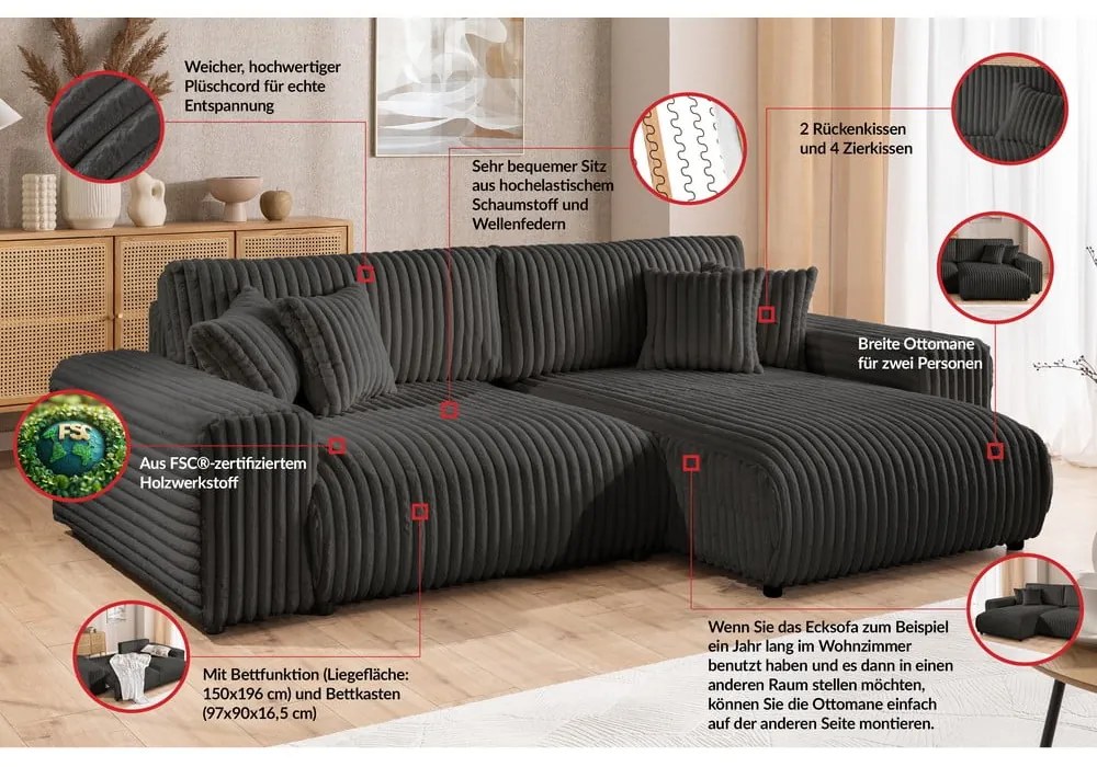 Colțar gri închis extensibil, cu spațiu de depozitare, cu tapițerie din catifea reiată (cu colț pe partea dreaptă) Sarina – Ropez