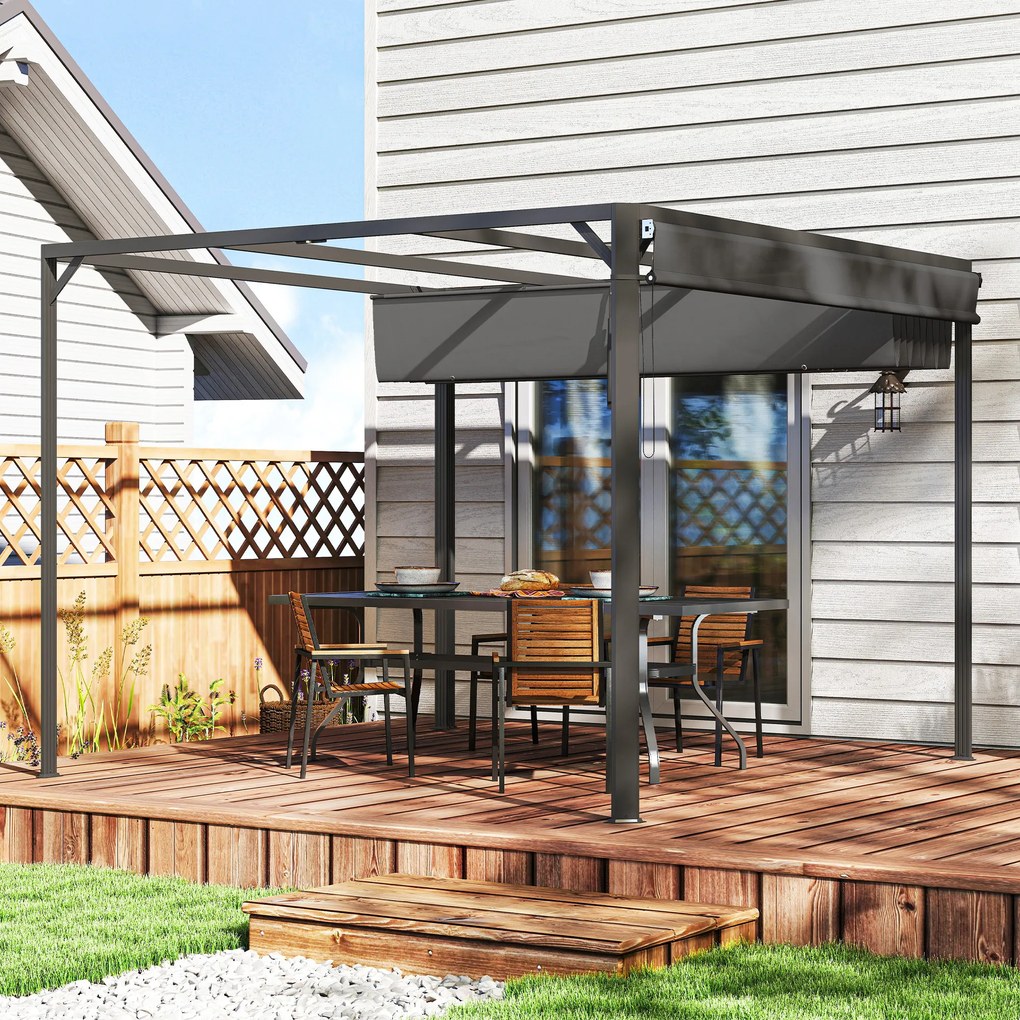 Outsunny Gazebo Pergolă cu Copertină Rulabilă de Protecție și Orificii de Drenaj, 300x300x227 cm, Gri Închis | Aosom Romania
