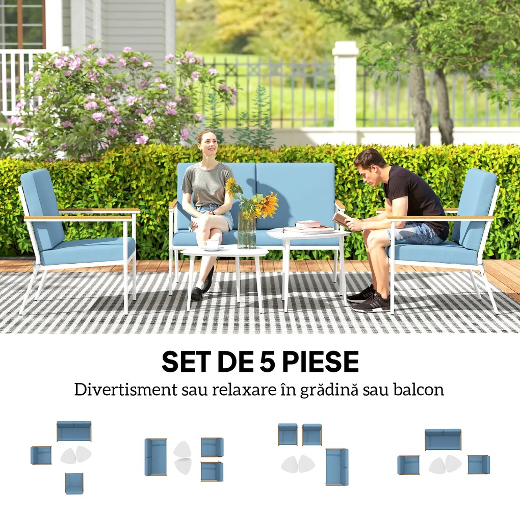 Outsunny Set de Mobilier de Grădină din 5 Piese cu Canapea, 2 Fotoli și 2 Măsuțe de Cafea, 118x72x80 cm, Albastru Deschis | Aosom Romania