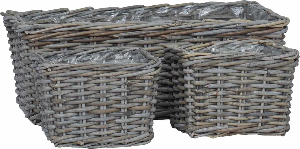 vidaXL Coș pentru plante cu depozitare 3 pcs Gri Ratan Kubu