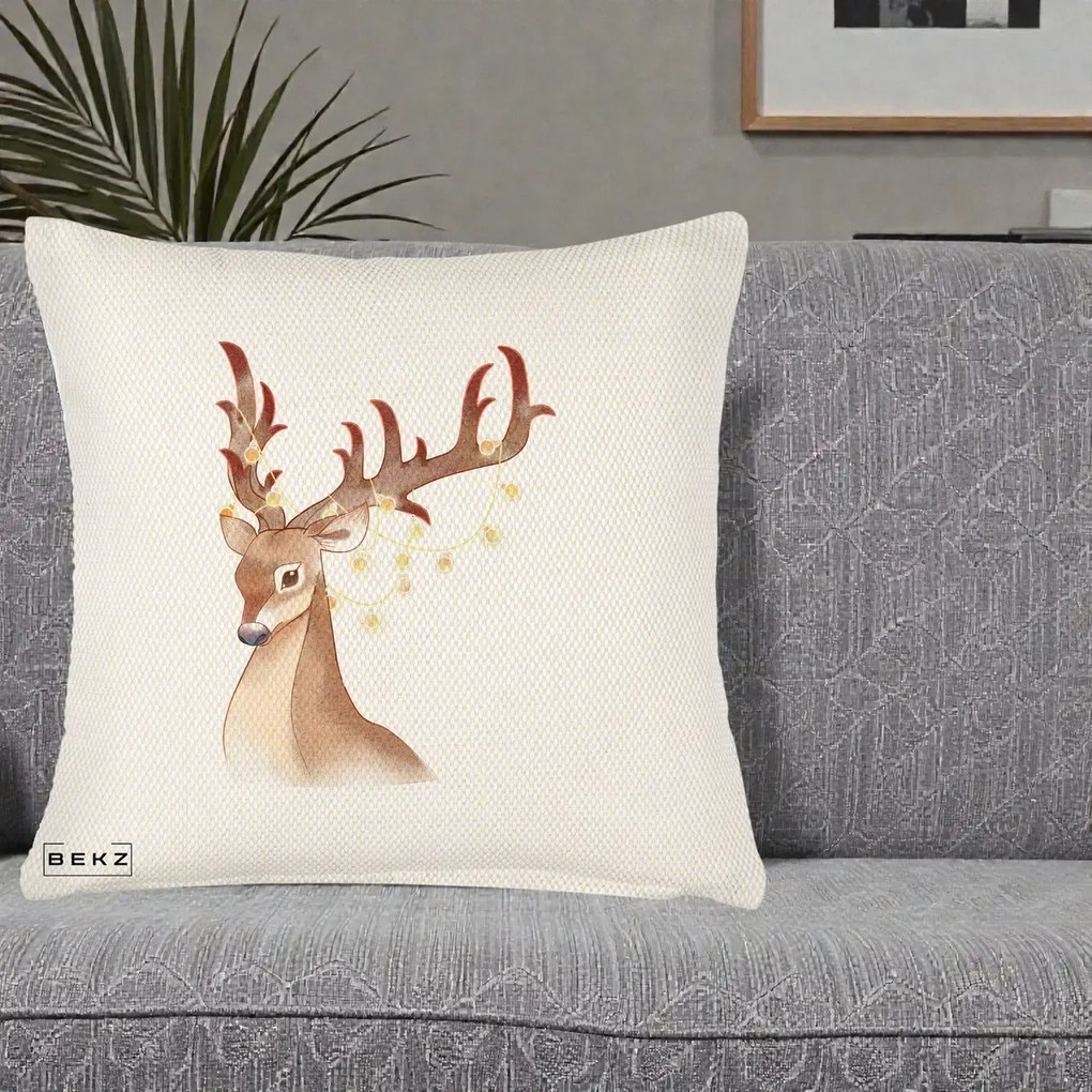 Perna Decorativa Ren cu Luminite de Craciun, 40x40 cm, Crem Reliefat, Husa Detasabila, Perna Inclusa, BEKZ®