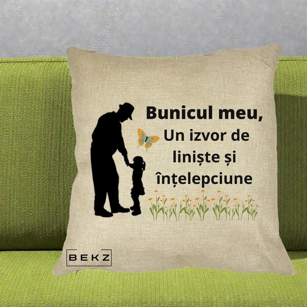 Cadou pentru Bunic - Perna Personalizata Bunicul Meu Izvor de Liniste cu Fluture si Fetita, 40x40 cm, Crem, Husa Detasabila, Perna Inclusa, BEKZ®