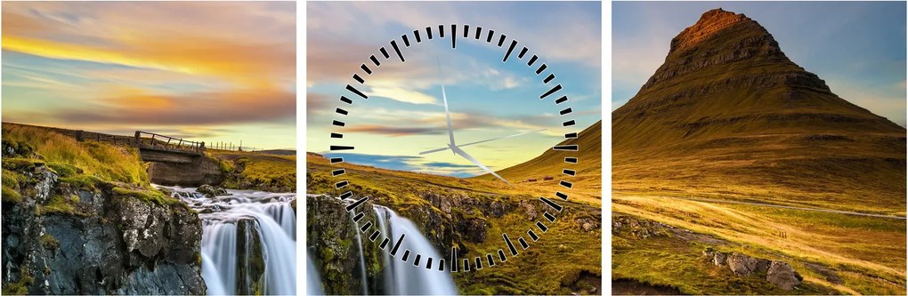 Tablou cu munții și cascade pe Islanda (cu ceas) (90x30 cm)