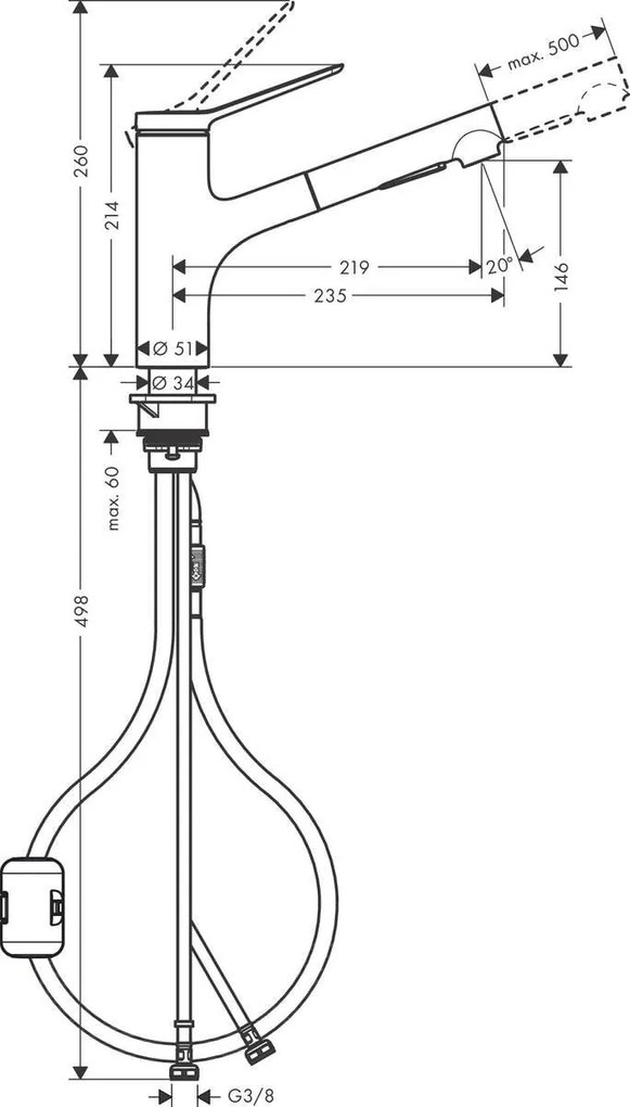 Baterie bucatarie Hansgrohe Zesis M33 150, dus extractibil, 2 jeturi, crom - 74800000