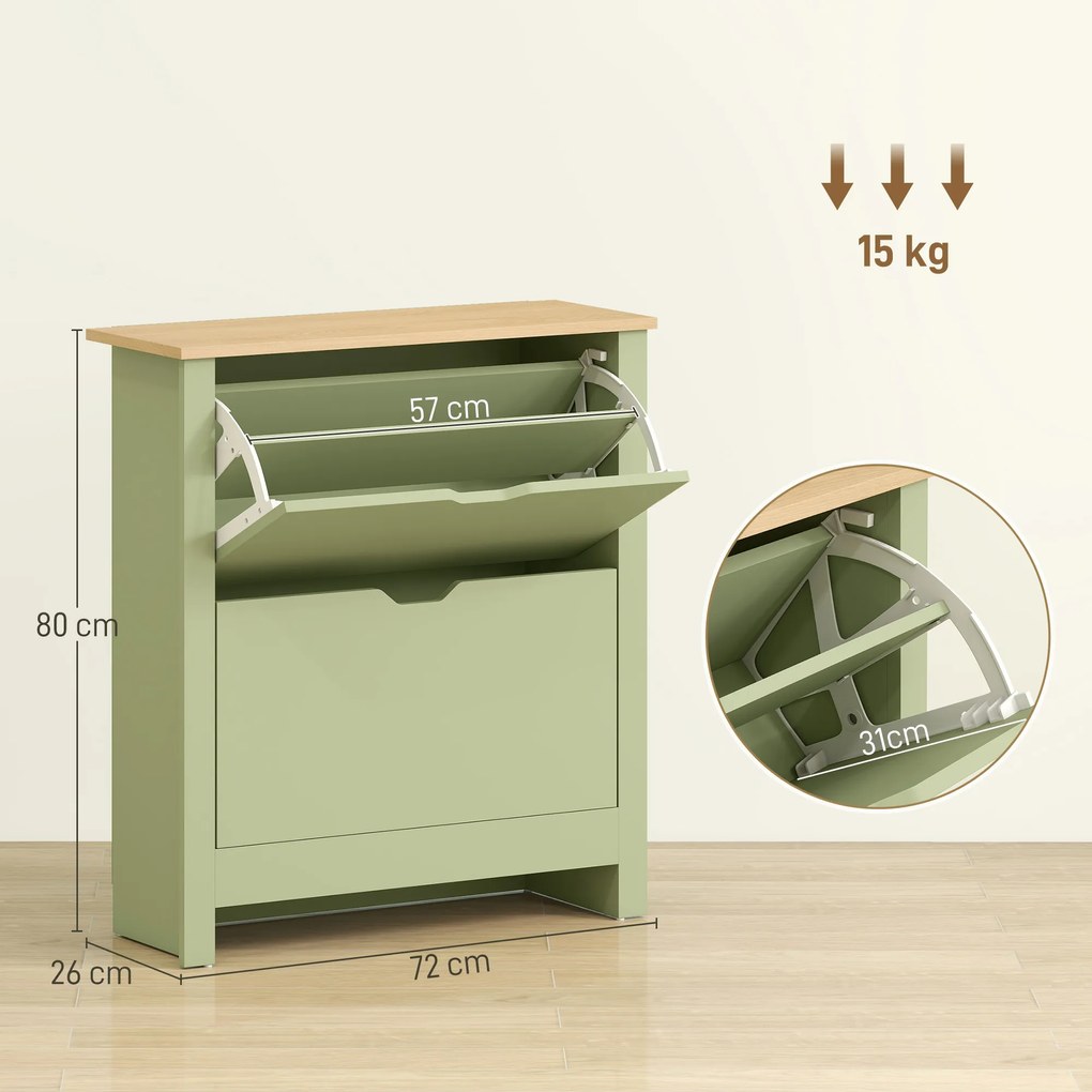 HOMCOM Dulap pentru încălțăminte 12 perechi, dulap îngust cu 2 sertare rabatabile și rafturi reglabile, verde | Aosom Romania