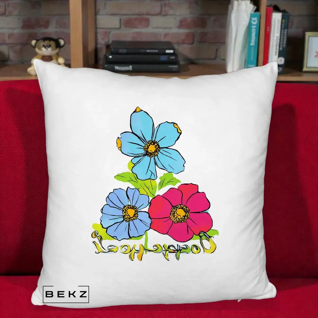 Perna Decorativa Trei Flori Grafice Pop Art, 40x40 cm, Alb Pufos, Husa Detasabila, Perna Inclusa, BEKZ®
