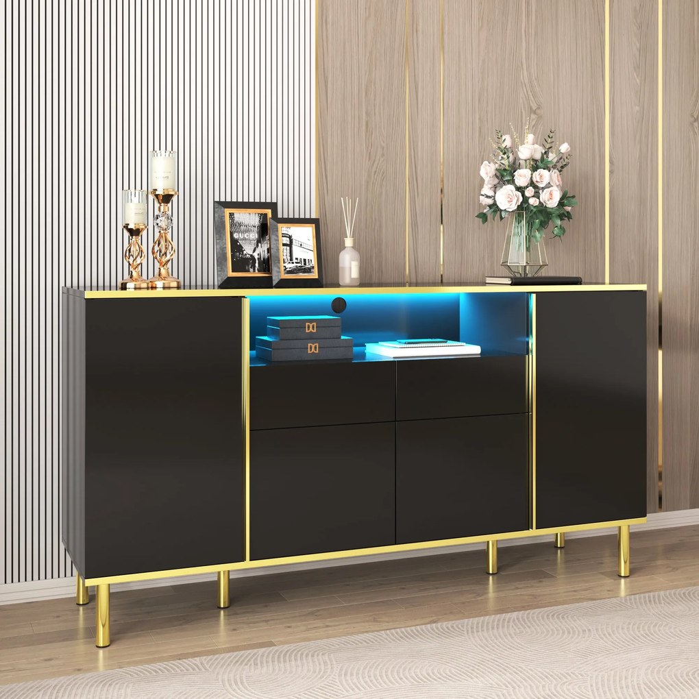 Comodă Modernă Elegantă Lucioasă cu 2 Sertare și 4 Uși, Structură cu LED și Detalii Aurii, 150x40x80 cm pentru Living și Bucătărie, Negru