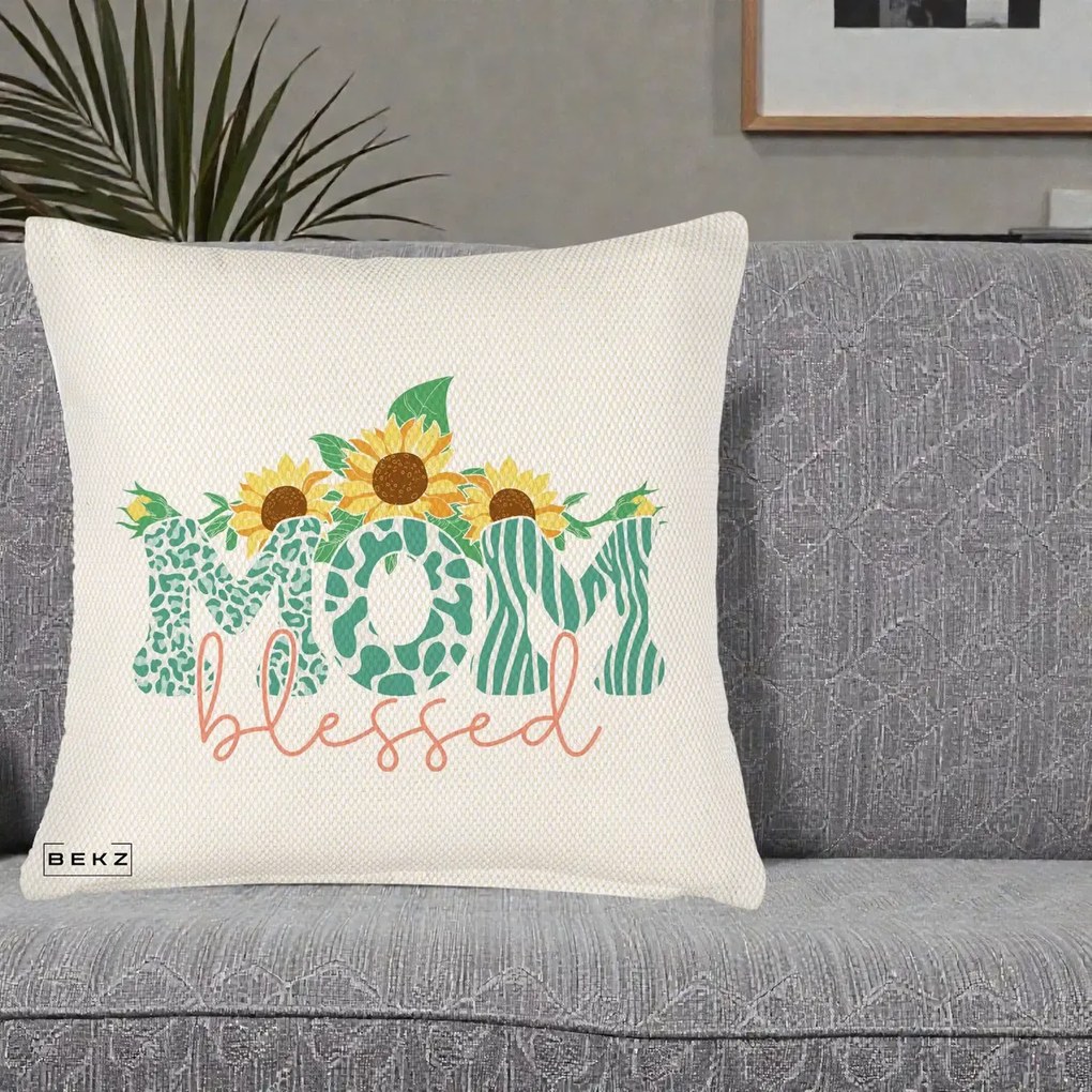 Cadou pentru Mama - Perna Personalizata Mom Blessed cu Floarea Soarelui Animal Print Teal, 40x40 cm, Crem Reliefat, Husa Detasabila, Perna Inclusa, BEKZ®