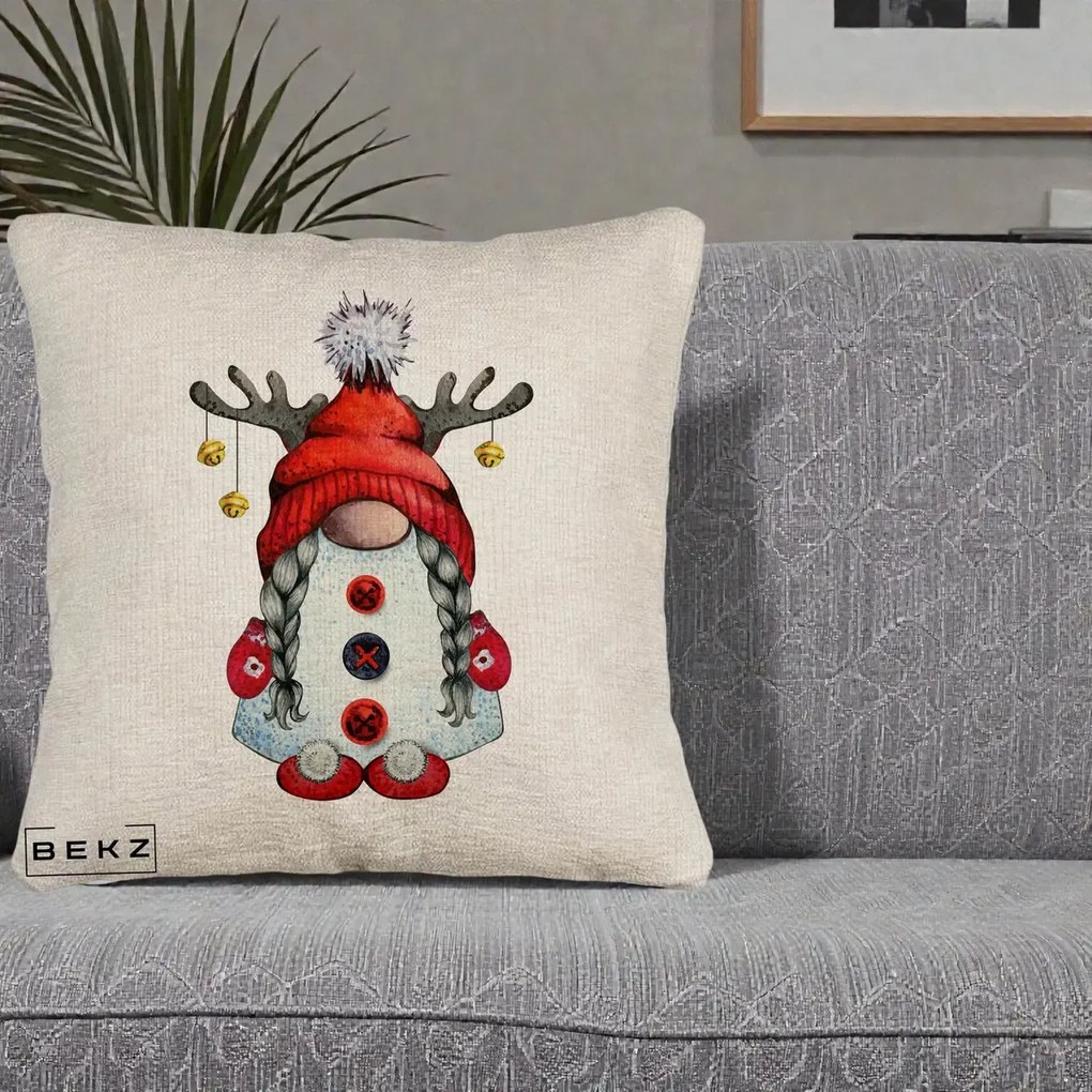 Perna Decorativa Pitic Gnom Craciun cu Coarne de Ren, 40x40 cm, Bej Canapea, Husa Detasabila, Perna Inclusa, BEKZ®
