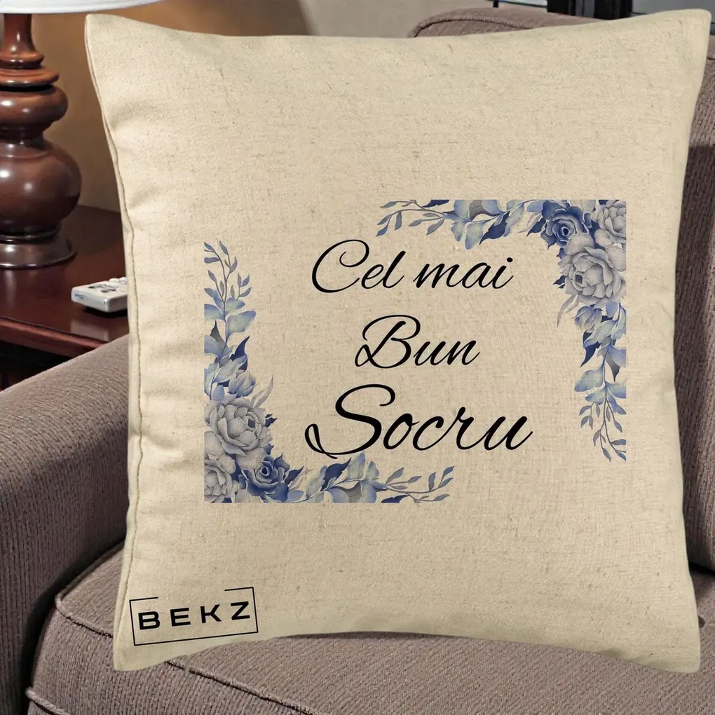 Cadou pentru Socru - Perna Personalizata Cel mai Bun Socru cu Flori Albastre Acuarela, 40x40 cm, Bej, Husa Detasabila, Perna Inclusa, BEKZ®
