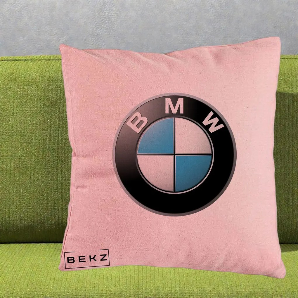 Perna Personalizata cu emblema BMW, 40x40 cm, Roz, Husa Detasabila, Perna Inclusa, BEKZ®