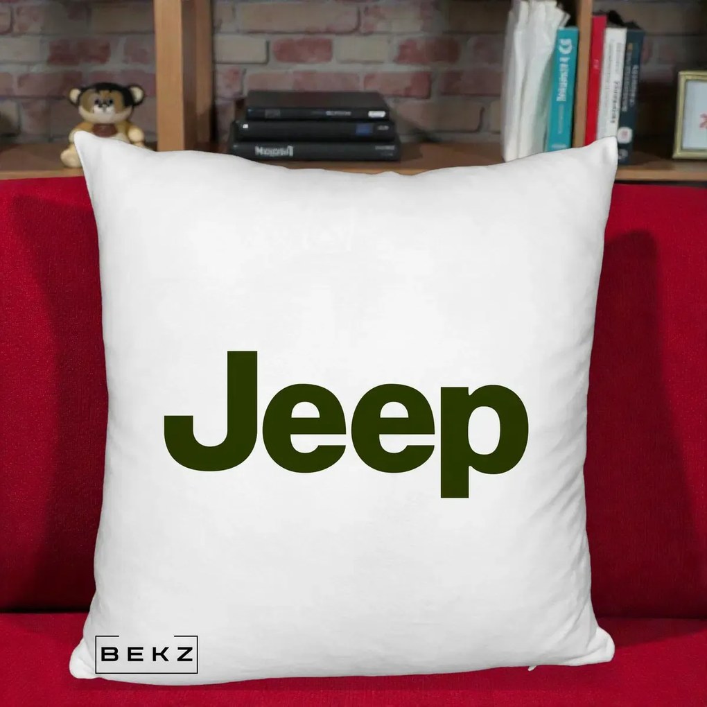 Perna Personalizata cu emblema Jeep, 40x40 cm, Alb Pufos, Husa Detasabila, Perna Inclusa, BEKZ®