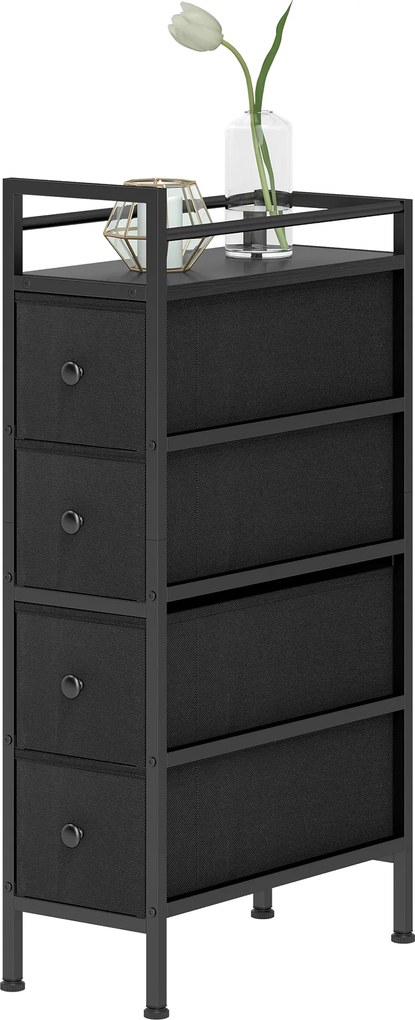 HOMCOM Comodă dulap cu 4 sertare din material textil, dulap de depozitare cu cadru din oțel, 20cm x 43cm x 81,5cm, Negru | Aosom Romania