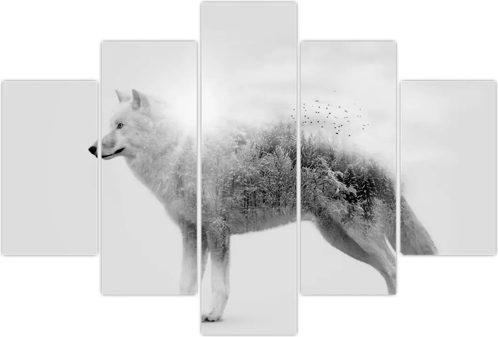 Tablou - Lupul arctic oglindit în peisajul sălbatic, alb-negru (150x105 cm)