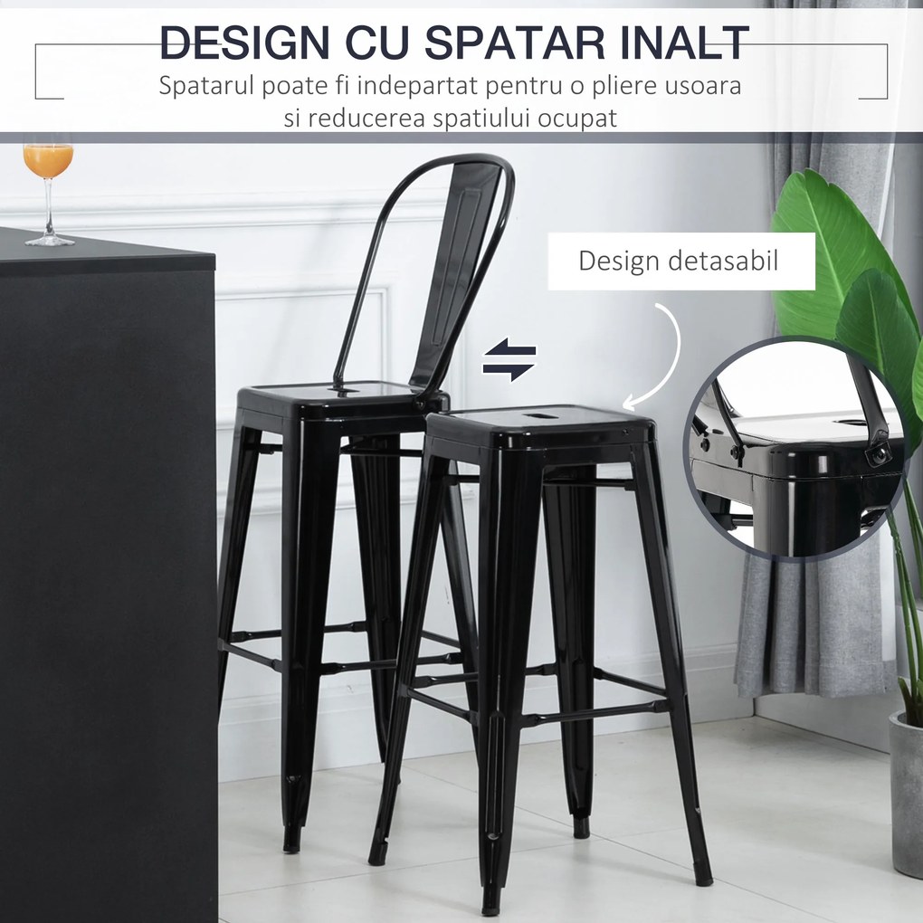 HOMCOM Set 4 Scaune Metalice Rezistente pentru Dining și Bucătărie Design Modern 44x53x116 cm Negru | Aosom Romania