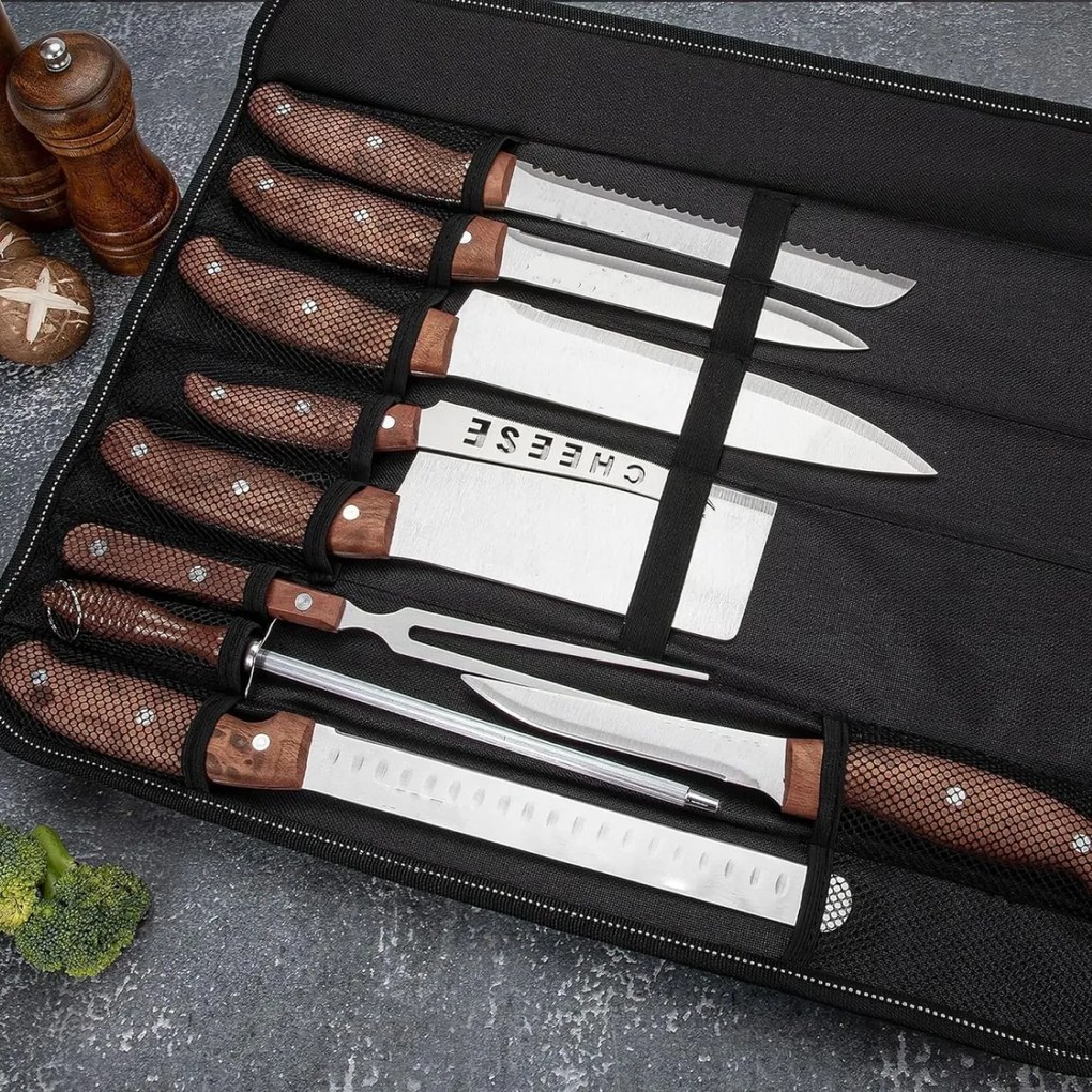 Set cuțite inox 9 piese in husa maro Royalty Line RL-K9C