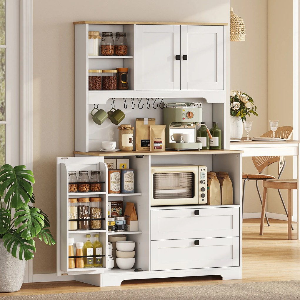 HOMCOM Bufet de Bucătărie Înalt 162 cm, Mobilier de Depozitare cu 2 Dulapuri, 2 Sertare, Suport Condimente, Orificii pentru Cabluri, Rafturi Reglabile, Blat pentru Cuptor cu Microunde, Suporturi pentru Cești, Alb | Aosom Romania