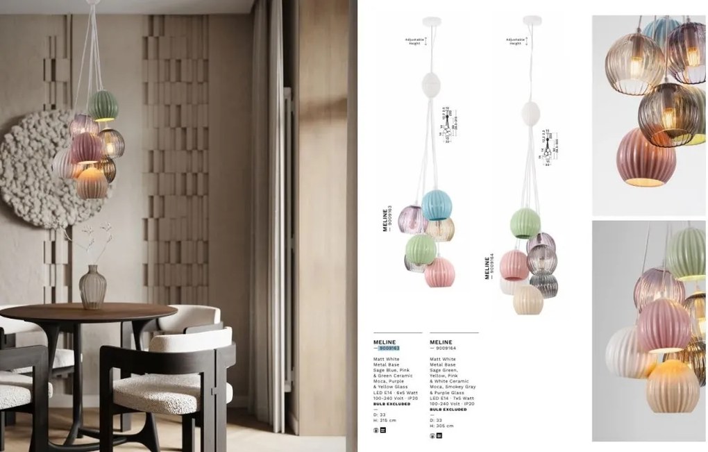 Lustra cu 7 pendule, Ceramica, Sticla, Multicolor, MELINE