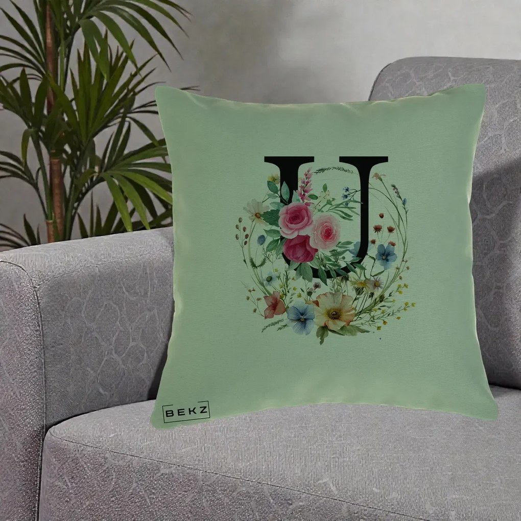 Cadou Personalizat - Perna Personalizata Monogram Litera U cu Flori Acuarela, 40x40 cm, Verde, Husa Detasabila, Perna Inclusa, BEKZ®