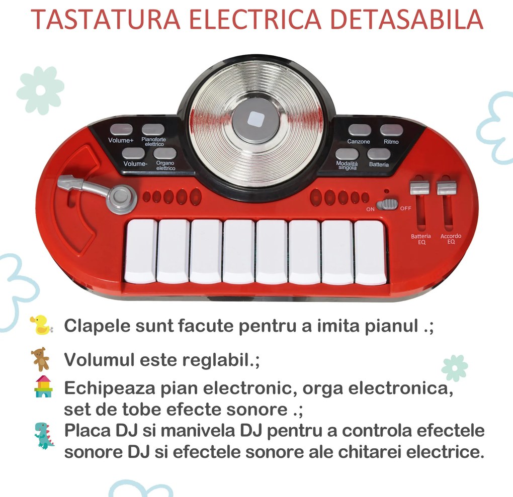 Set Tobe Copii de Jucărie cu Microfon și Efecte Sonore, 77,5x40x76,5 cm, Roșu | Aosom Romania