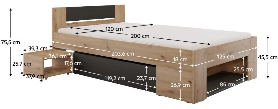 Pat de o persoană 120 cm Uniforme (stejar artisan + antracit) (cu sp. depozitare). 1116534
