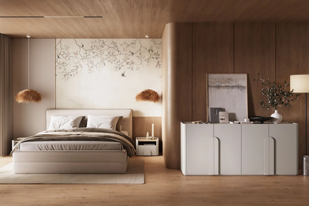 Comodă cu patru uși Amilio 200 cm - cașmir / stejar uleiat / mânere cașmir