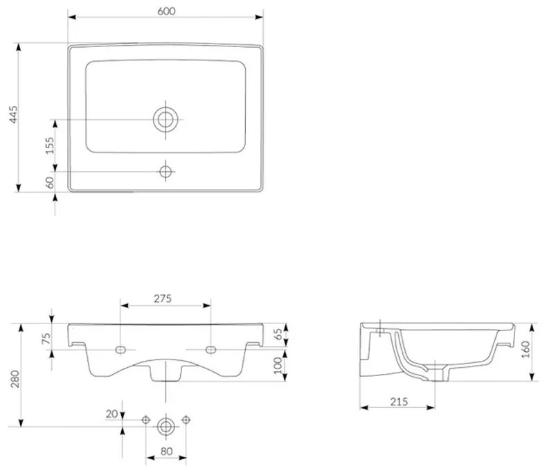 Lavoar baie incastrat alb 60 cm Cersanit Crea 600x445 mm