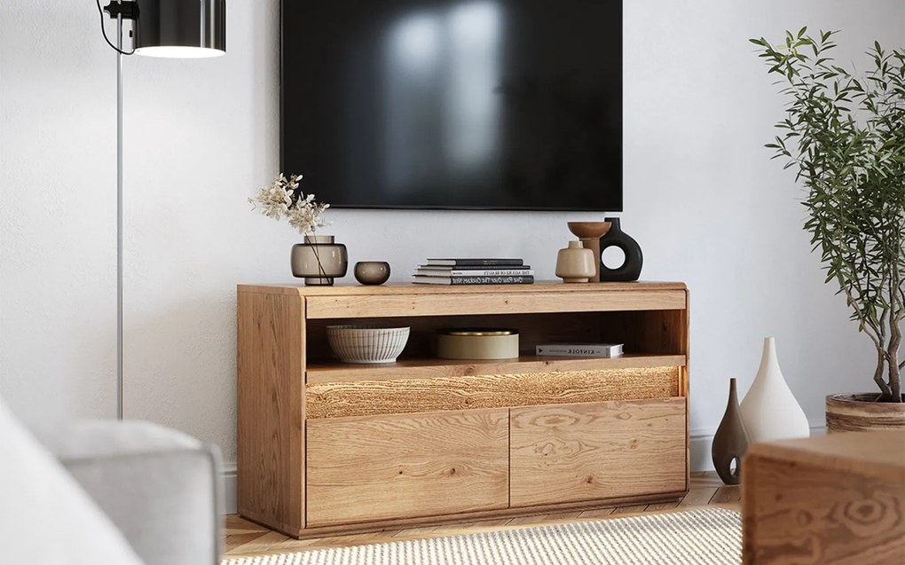 Comodă TV stejar masiv Dominic, 123 × 44 × 63 cm