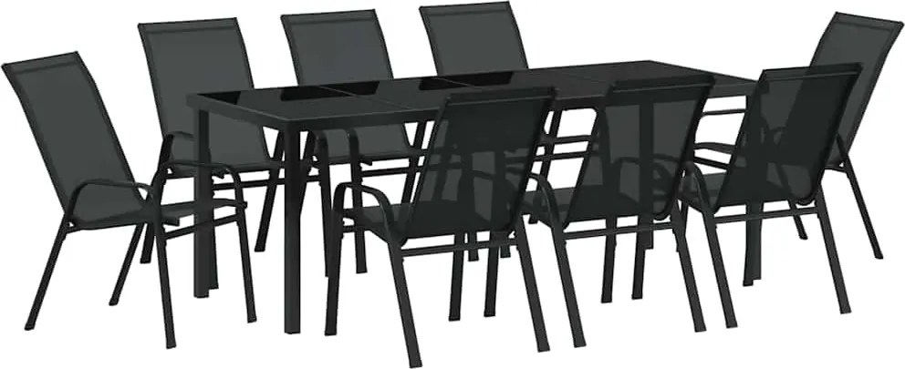 vidaXL Set de masă pentru grădină 9 pcs Negru Oțel acoperit cu pulbere