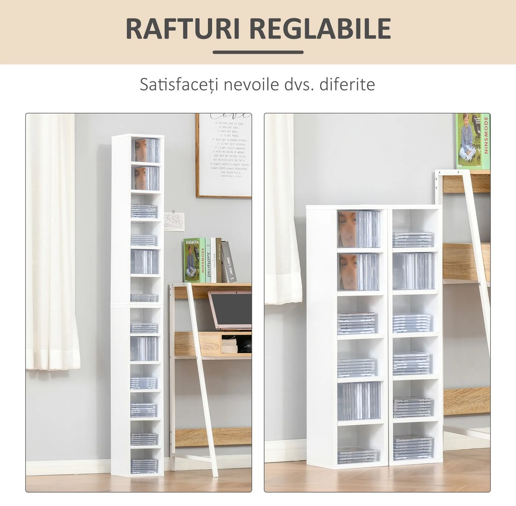 HOMCOM Bibliotecă Raft pentru CD, Set din 2 Piese cu 12 Rafturi din Lemn, 21x19,2x88,3 cm, Alb | Aosom Romania