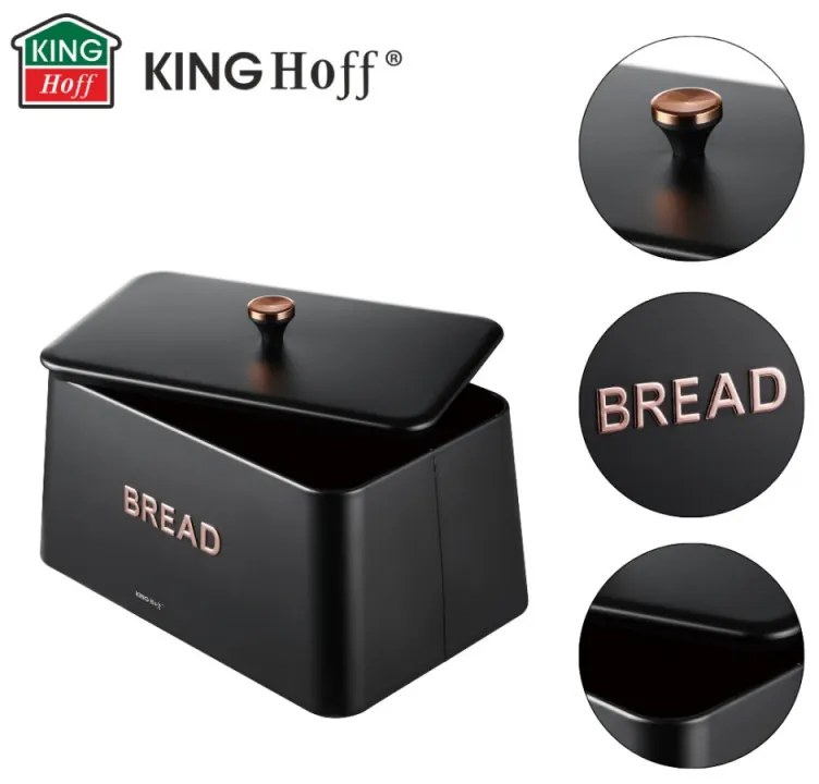 Cutie de pâine Kinghoff KH 1949, 35 cm, Corp metalic, Capac bambus, Negru